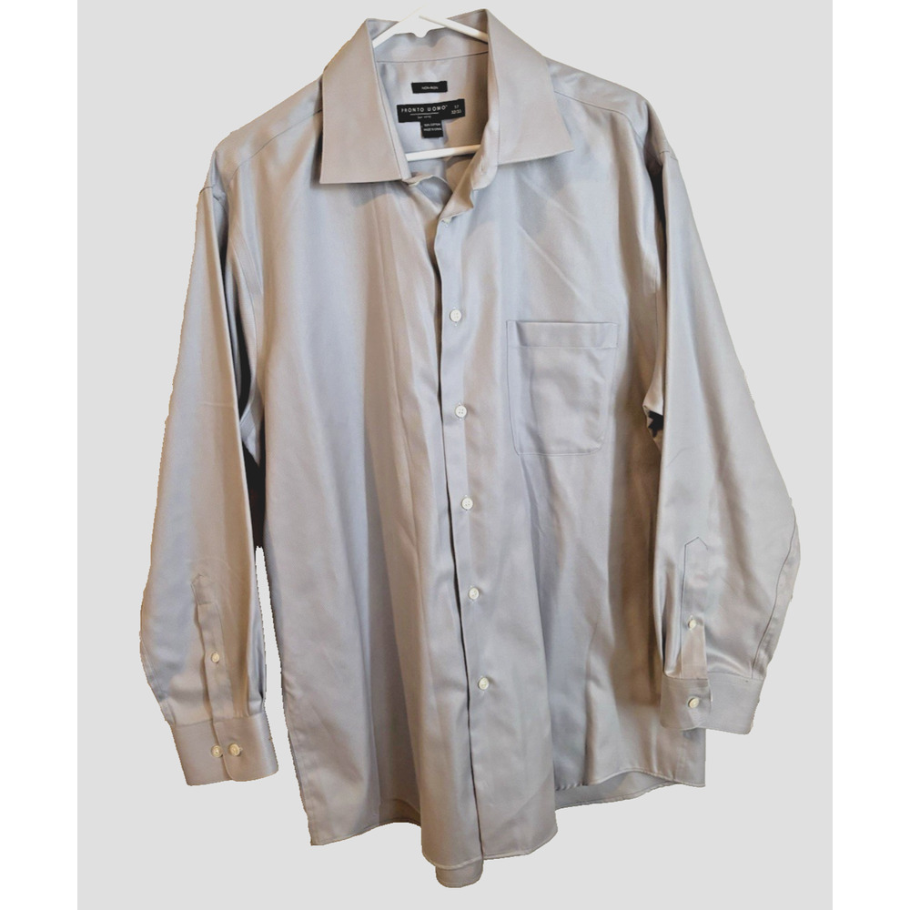 Pronto Uomo Shirt Mens Gray Dress Shirt Button Up Non Iron 100% Cotton 17” 32/33